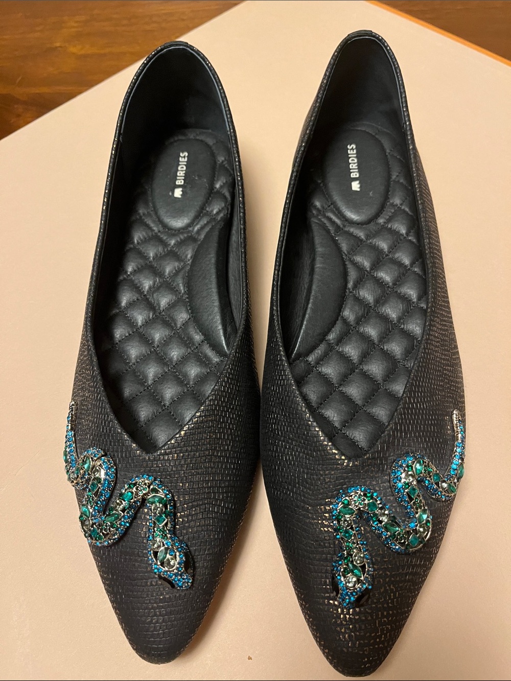 Birdies Black Pointed-Toe Flats with Teal & Aqua Jeweled Snake, size 10.5 woman